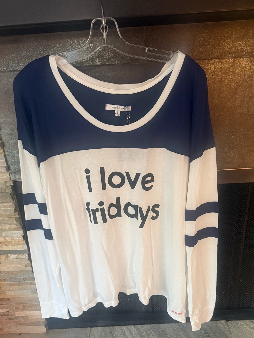 Peace Love World White and Navy "i love fridays" Long Sleeve Top NWT